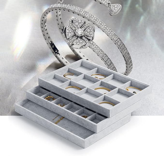 Oirlv Velvet Stackable Jewelry Display Trays 12 Grids Rings Earrings Bracelet Organizer Storage Tray(13.8"x1.29"x9.4") - Image 7