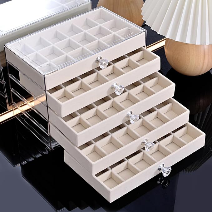SPAKOWN Earring Box Holder Organizer Display Case, Clear Velvet Jewelry Storage Tray Organizer for Earring Ring Stud (Beige - 5 Drawers) - Image 2