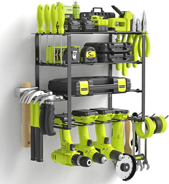 SUNALLY Power Tool Organizer, 4 Drill Holder Wall Mount, Garage Tool Organizer and Storage with Screwdriver Holder, Garage Organization, 4 Layer Cordless Drill Holder with Hammer Holder by SUNALLY