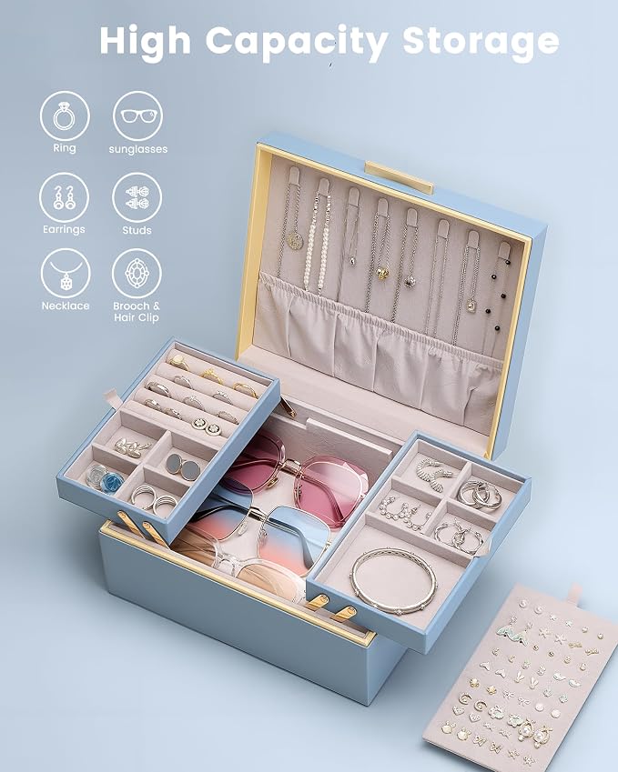 Lolalet Jewelry Box Organizer for Women Girls, 2 Layer Jewelry Organizers and Storage for Necklace Earrings Rings Bracelets, Large Jewellery Holder Case Birthday Mothers Day Gifts -HazeBlue - Image 3