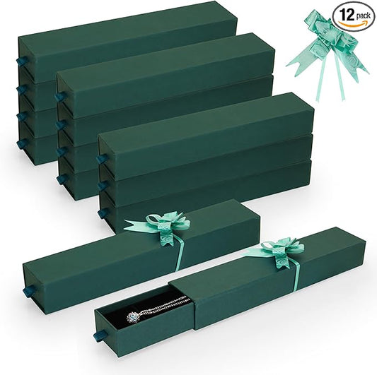 12-Pack Drawer Style Jewelry Gift Boxes with Sponge Insert, 8.7"x1.8"x1.2" Necklace & Bracelet Display Box for Presentation, Cardboard Storage Organizer for Pendant, Ring, Earring - Green by MATUFF