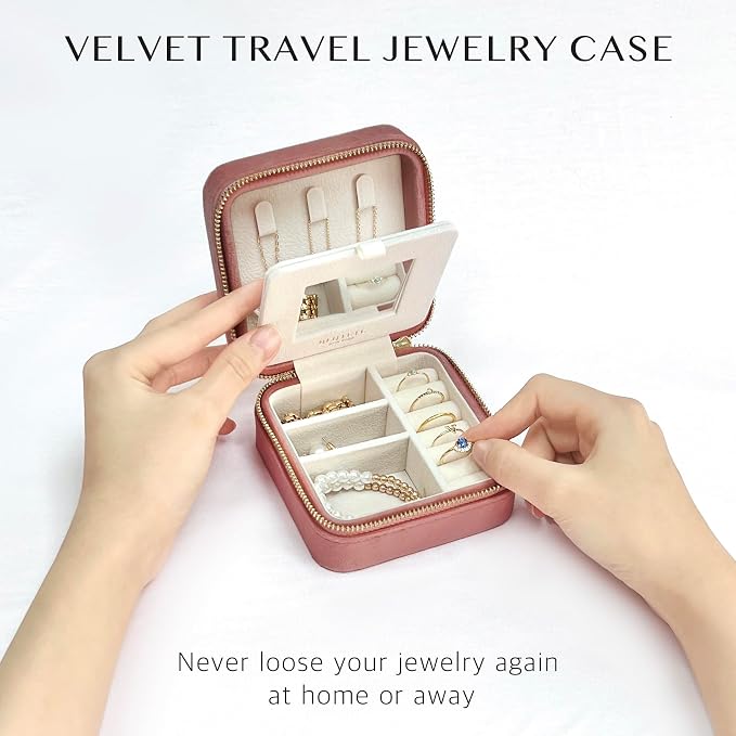 BLUTETE Travel Jewelry Box Organizer Velvet Travel Case With Mirror Ring Earrings Necklaces Storage Organizer Box (Dusty Pink) - Image 4