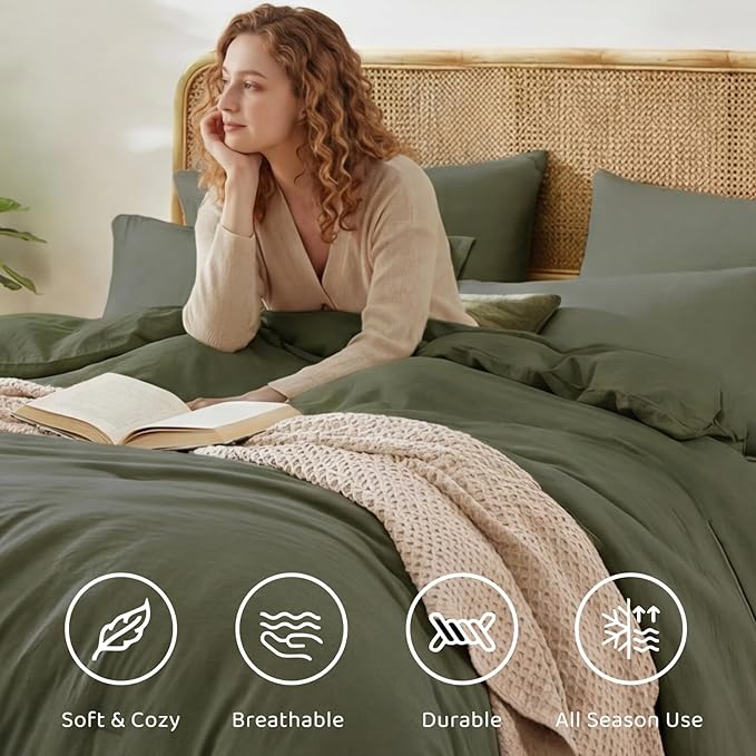 WRENSONGE Oversized Queen Comforter Set - 7 Pieces Olive Green Bed in a Bag Queen with Sheets, 2 Pillow Shams, and 2 Pillowcases- Warm Bedding Sets Queen for All Season