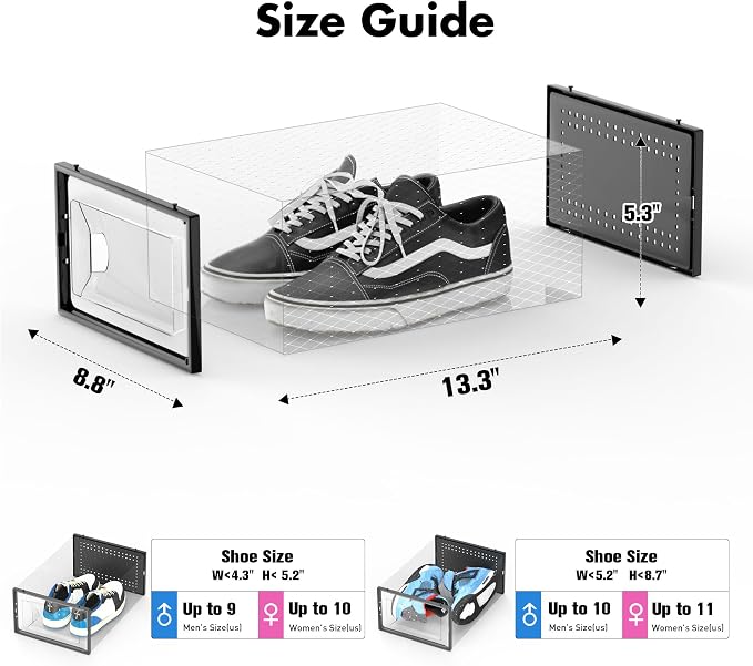 Foluck Shoe Storage Box, 15 Pack Clear Plastic Stackable Shoe Organizer for Closet, Interlocking Design for Sneakers, Foldable Shoes Container Rack with Lids, Black - Image 2