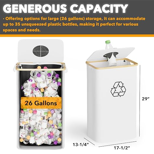 SpaceAid Recycling Bin for Kitchen 26 Gallon, 100L Recycle Bin with Lid and 2 Reusable Inner Bags, for Bottle Can Glass Plastic Stickers, White - Image 4