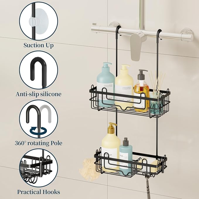 Consumest Over the Door Shower Caddy - 2-Tier Hanging Shower Organizer with Soap Holder, Rustproof Bathroom Storage and Organizer Rack for Shampoo, Towels, and Toiletries, Black - Image 5
