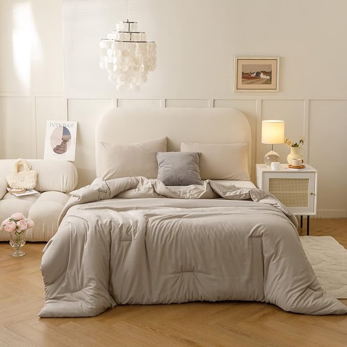 ROSGONIA Oversized King Comforter 128x120, 3pcs Super King Plus (1 Oatmeal Comforter & 2 Pillowcases) Lightweight Oversized King Bedding Set Blanket