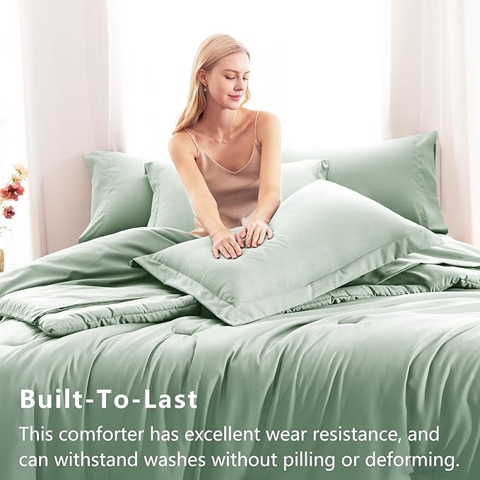 CozyLux King Comforter Set Sage Green, 7 Pieces Bed in a Bag, Bedding Comforter Set with Sheets, All Season Boho 7PC Bed Sets with Comforter, Fitted Sheets, Flat Sheets, Pillow Shams and Pillowcases