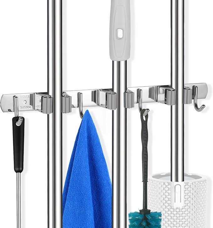 voze 3 Racks and 4 Hooks Mop and Broom Holder Wall Mount, Self Adhesive Heavy Duty Broom Organizer Storage Tool Racks for Kitchen Garden Laundry Garage by voze