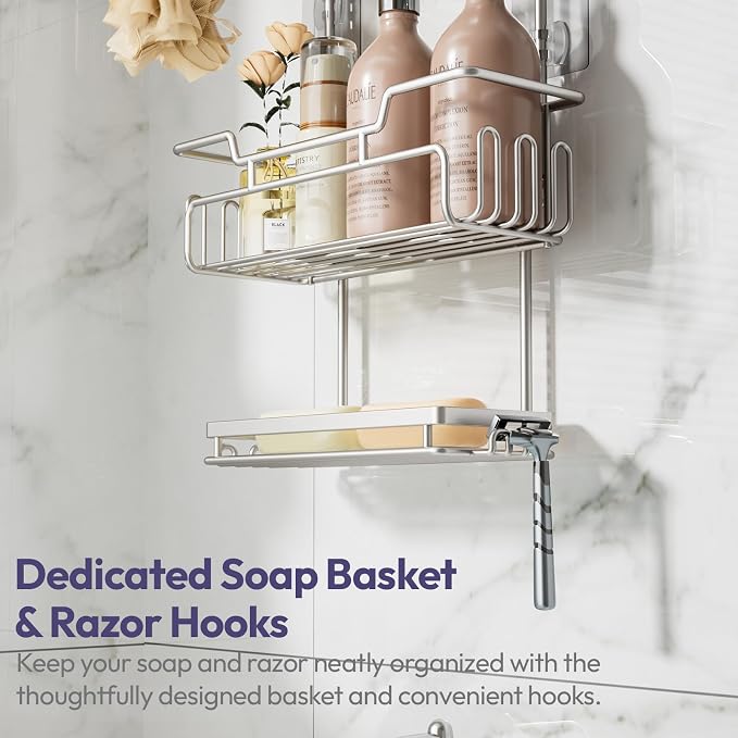 SWTYMIKI Bathroom Shower Caddy Hanging - 3 Tier Rustproof Over Shower Head Organizer, No Drilling Bathroom Shelf with 16 Hooks & Soap Holder, Anti-Swing Rack, Sand Nickel - Image 6