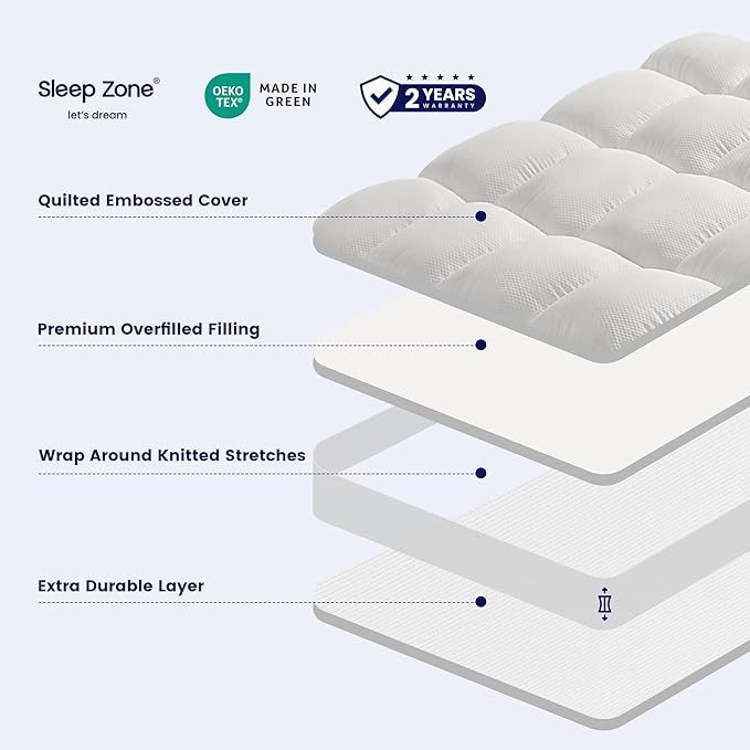 SLEEP ZONE Mattress Topper, Extra Thick Fitted Mattress Pad for Back Pain, Plush and Support Mattress Cover, Deep Pockets Mattress Protector, Hotel Quality (White, California King)