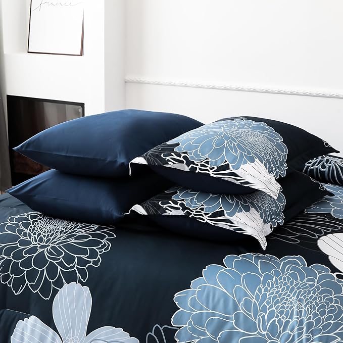 Yiran Navy Blue Bed in a Bag Comforter Set Queen 7 Pieces Floral Bedding Set for Bed,Soft Microfiber Flowers Comforter with 1 Flat Sheet 1 Fitted Sheet 2 Pillowshams
