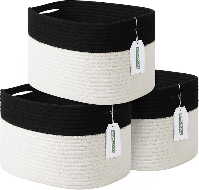 ECDYQXVU Cotton Rope Storage Basket, 15x10x9 Inches, Woven Basket for Shelves, Clothes, Towels, Books, and Laundry, Black/ White (3 Pack) by ECDYQXVU
