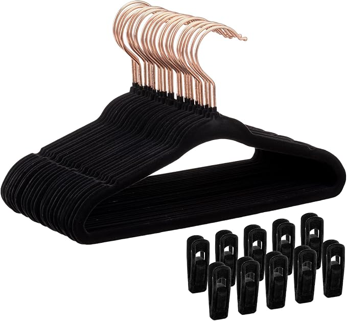 Tonswachic Baby Velvet Hangers 50 Pack - 11 Inch Premium Non Slip Felt Kids Hanger for Toddler & Infant Clothes - 0.2" Ultra Thin Baby Clothes Hangers with 10 Hanger Clips - Black by TonswachicHangersSpaceSaver