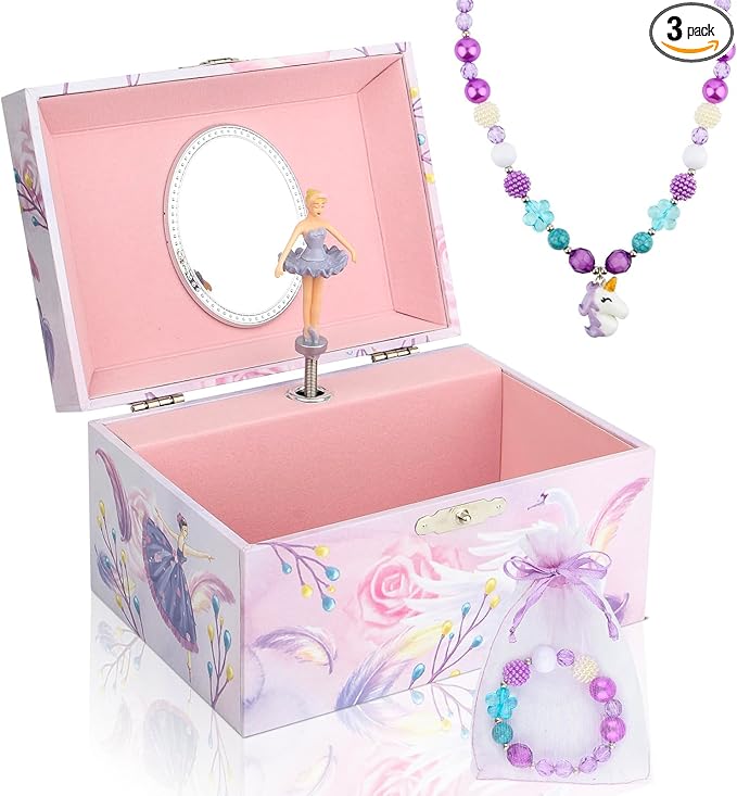 Girls' Musical Jewelry Box Organizer with Jewelry Set - Pink Purple Spinning Ballerina Theme, Swan Lake Tune - Jewelry Storage and Music Box for Girls by Taduoduo