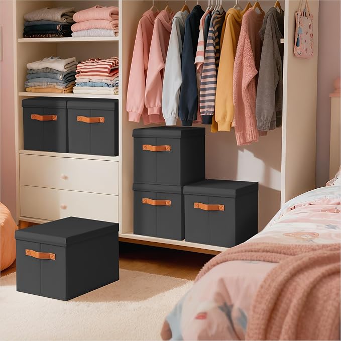 Homsorout Storage Bins with Lids - Large Fabric Closet Bins with Lid, 8 Pack Clothes Organizers and Storage, Collapsible Stackable Cube Basket for Home, Office, Dorm, Black - Image 5