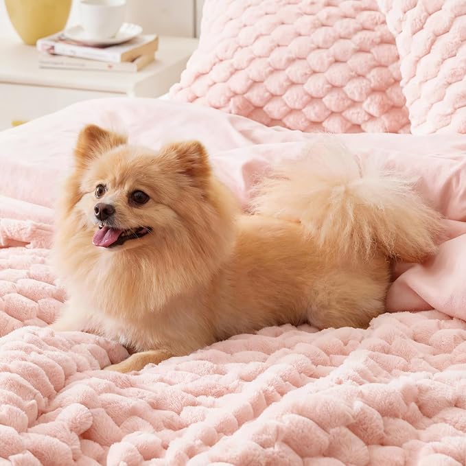 BEDELITE Fluffy Queen Comforter Set - Pink Fleece Soft Comforter for Queen Size Bed, Luxury Warm Bedding Set for Winter, Fuzzy Bed Set 3 Pieces (1 Comforter, 2 Pillowcases)