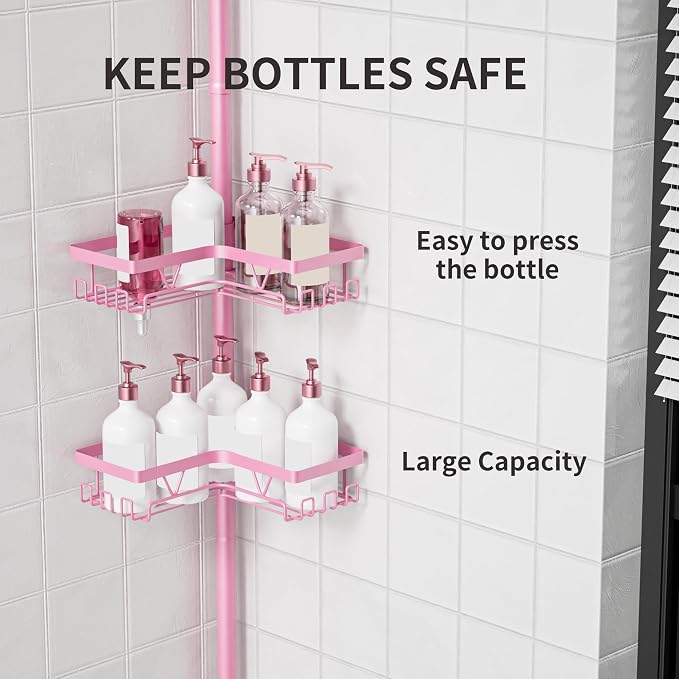 KEGII Shower Caddy Tension Pole, 4-Tier Rustproof Adjustable Corner Bathroom Organizer for Renters, 25–114.2 Inch No Drill Space-Saving Shower Storage Rack, Pink - Image 4