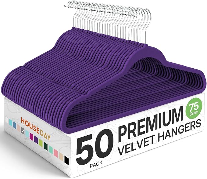 HOUSE DAY Premium Velvet Hangers 50 Pack, Non-Slip Flocked Felt Hangers, Sturdy Clothes Hanger with 360° Rotatable Hook, Heavy Duty Durable Slim Coat Hanger for Closet Space Saving (Noble-Purple) by HOUSEDAY
