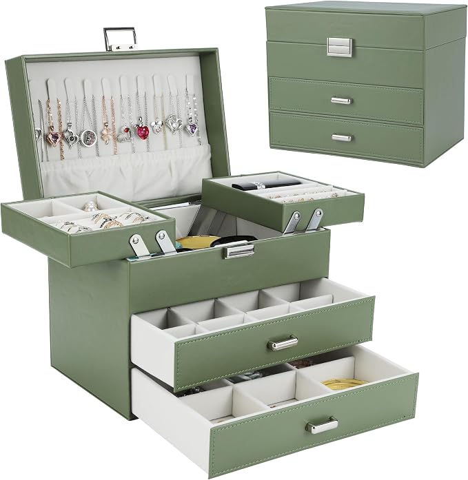 Dajasan Jewelry Organizer Box, Large Jewelry Boxes for Women Girls, Space-Saving 4 Layers Jewelry Storage Case with Drawer, Movable Metal Stand, Modern, Gift Idea (Green) by DAJASAN
