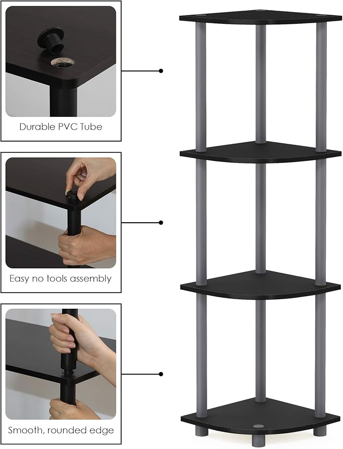 Furinno Turn-N-Tube Corner Shelf, 4-Tier Corner Bookshelf, Display Storage Shelves with Open Shelves, for Organization and Storage, Living Room, Home Office, Garage, Black - Image 7
