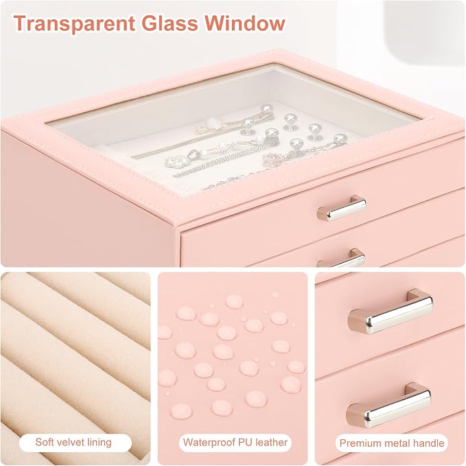 DesignSter Jewelry Box Organizer, Jewelry Box for Women, PU Jewelry Organizer Display Case with Side Drawers, Jewelry Storage for Earring Necklace Ring Bracelet Watch - Image 4