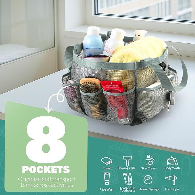 LOYEE Mesh Shower Caddy Portable for College Dorm Room Essentials with 8 Pockets, Shower Bag for Beach, Swimming, Gym, Travel, Bathroom(All gray) - Image 3