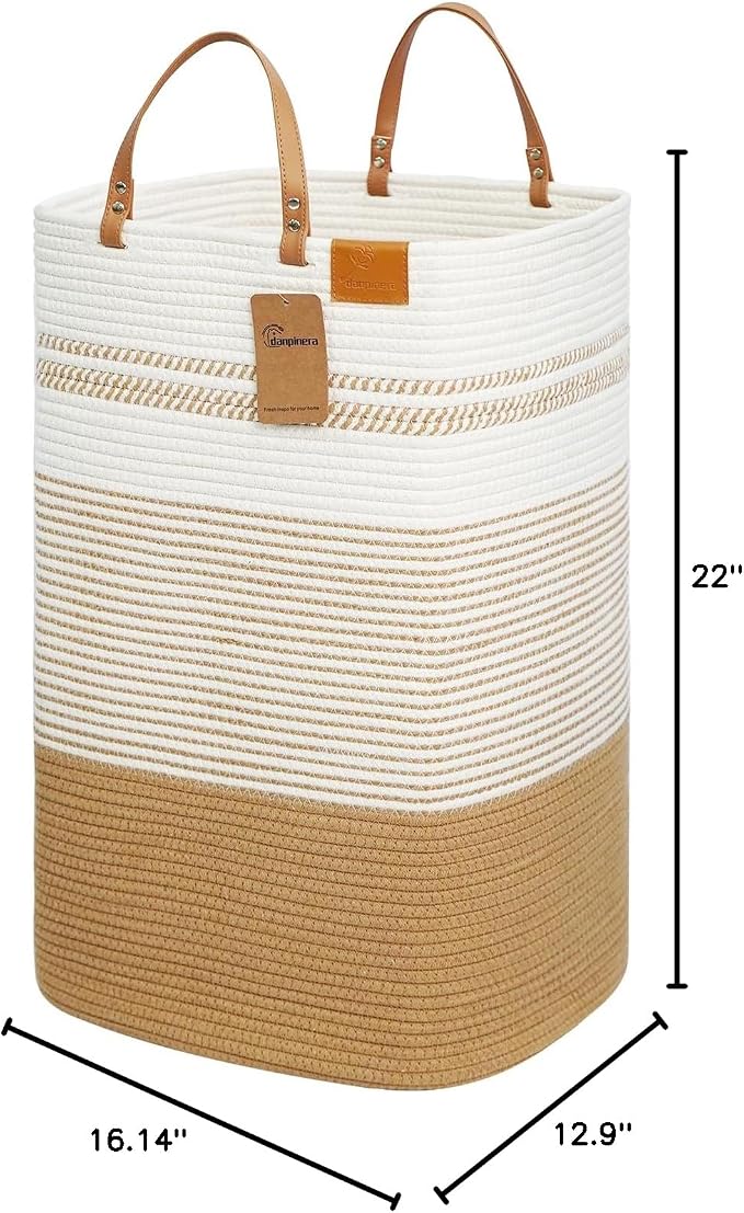 danpinera Large Laundry Hamper – 75L Tall Woven Cotton Storage Basket with Leather Handles, Slim Dirty Clothes Hamper, Decorative Storage Basket for Blanket,Toys White & Jute - Image 10