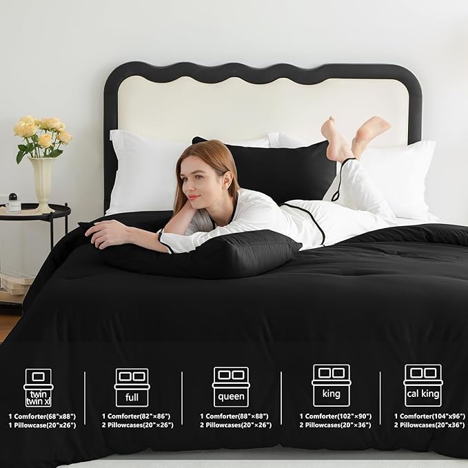CozyLux Queen Comforter Set Black, 3 Pieces Solid Comforters Queen Size Breathable Quilted Bedding Sets, Luxury Soft Microfiber Down Alternative Comforter for All Season (1 Comforter & 2 Pillowcases)