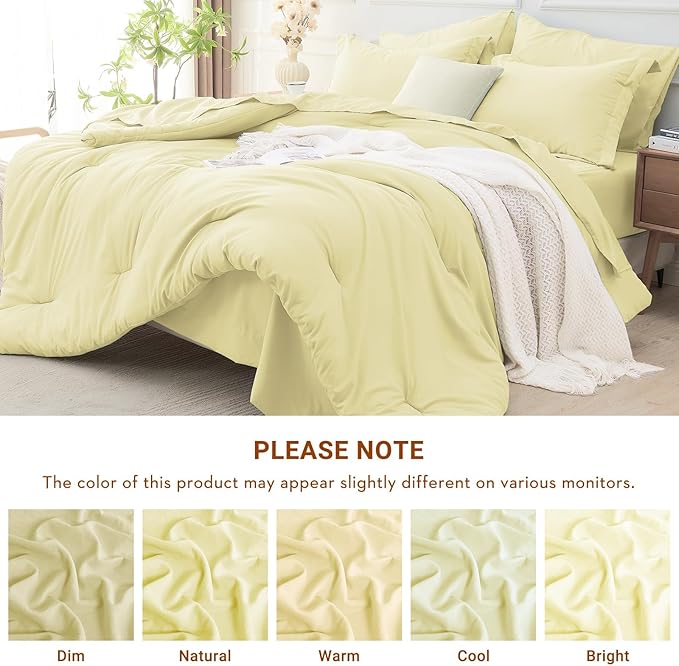 MUXHOMO 7 Pieces King Comforter Set, Soft Bed in a Bag King Size, All Season Bedding Set with Comforter, Flat Sheet, Fitted Sheet, Pillowcases & Shams, Cream Yellow