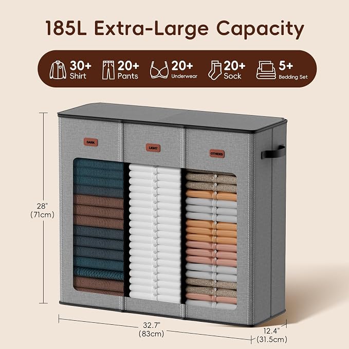 185L Laundry Hamper 3 Section, Laundry Hamper with Lid, Dirty Clothes Hamper with 3 Removable Washing Bags, Extra Large Laundry Basket Organizer for Bedroom, Laundry Room, Dorm - Gray - Image 3