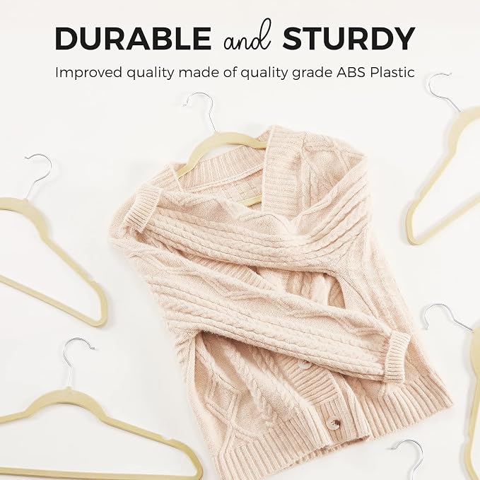 HOUSE DAY Premium Velvet Hangers 50 Pack, Non-Slip Flocked Felt Hangers, Sturdy Clothes Hangers with 360° Rotatable Hook, Heavy Duty Coat Hanger, Durable Slim Beige Hanger for Closet Space Saving - Image 3