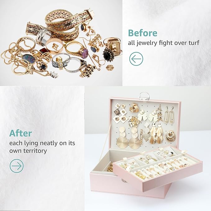 BOOVO Earring Jewelry Box For Women Girl Stud Organizer, 4 Layers Girl Jewelry Organizer Box With Lock Earring Holder Organizer Necklace Ring Jewelry Organizer Box For Girls (Rose Gold, 4 layer) - Image 4