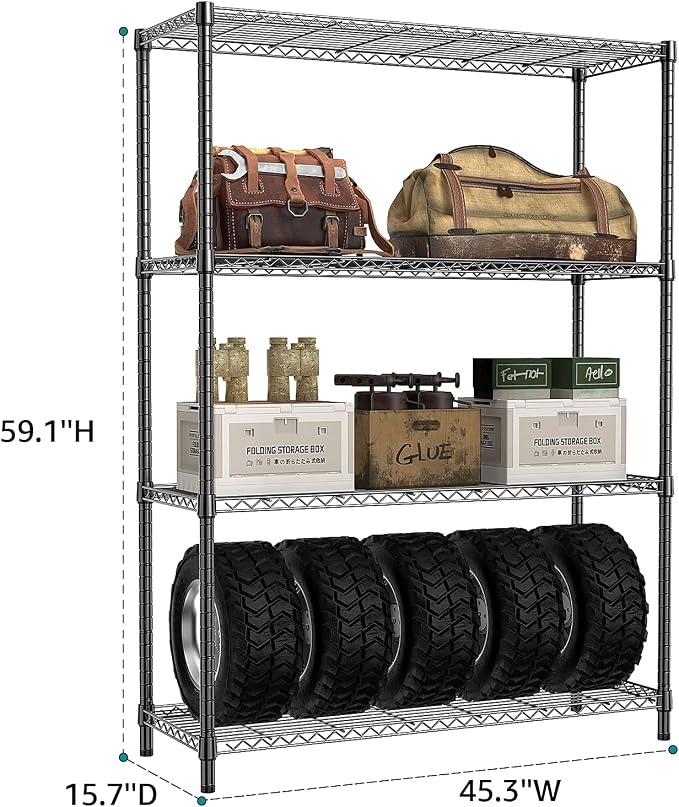 IZEUK 1400 LBS Garage Black Shelving Wide Storage Shelves 4 Tier Adjustable Heavy Duty Metal Wire Rack Standing Shelf Unit for Kitchen Office College Dorm Garage Warehouse 15.8" x 45.8"x 59.4" - Image 5