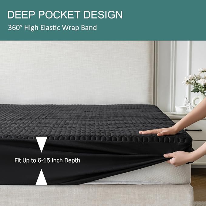 Waterproof Mattress Protector Twin Size, Mattress Pad Cover with Deep Pocket Fitted Up to 6"-15" Depth, Noiseless Soft Breathable Bed Mattress Cover Washable, Black