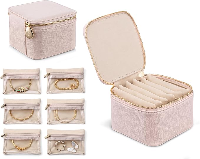 VLANDO Travel Jewelry Box Organizer – Portable PU Leather Jewelry Case with 6/8/12 Zippered Pouches, Compact Storage for Earrings Rings Necklaces Bracelets, Rosy Mauve by VLANDO