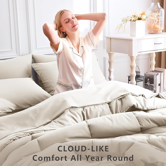 CozyLux Oversized King Comforter Sets Beige, 7 Pieces Bed in a Bag, Ultra-Soft All Season Bedding Sets with Stitch Quilted Comforter, Flat Sheet, Fitted Sheet, Pillowcases