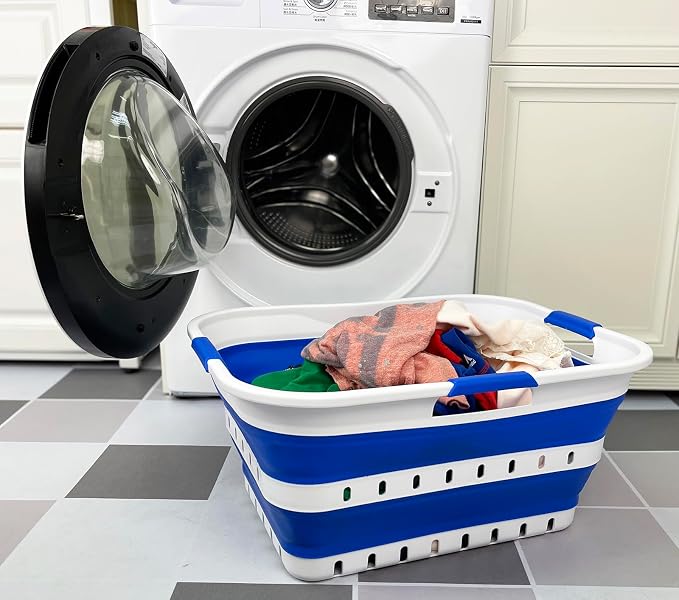 SAMMART 42L (11 gallon) Collapsible Plastic Laundry Basket - Foldable Pop Up Storage Container/Organizer - Space Saving Hamper/Basket (1, White/Dark Blue) by SAMMART