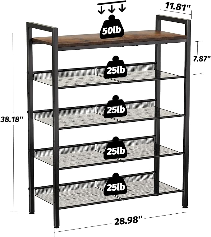 WIN4ALL Shoe Rack for Front Door Entrance, 5 Tier Shoe Rack for Entryway, 16-20 Pairs of Shoes, Metal Shoe Rack Organizer, Free Standing Shoe Rack for Closet (Black+Rustic Brown) - Image 3