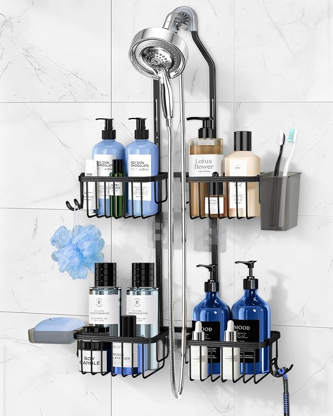 Adjustable Shower Caddy Hanging for Handheld Showerheads - Never Rust Shower Hanging Organizer, Upgraded Bathroom Shower Rack with Soap Basket, Hooks and Toothbrush Holder (Black) by MSAICOE