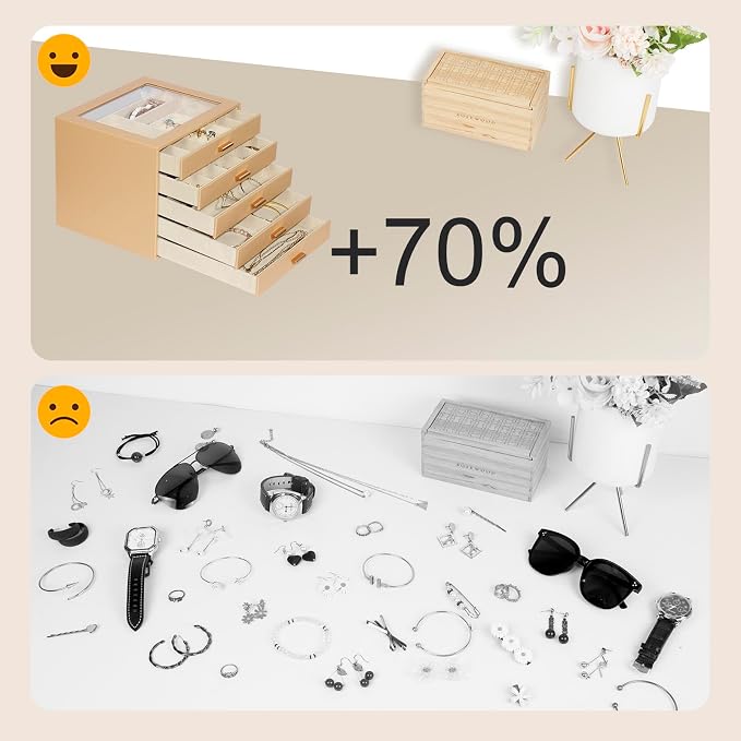 Jewelry Box with Glass Lid, 5-Layer Jewelry Organizer for Women Girls, PU Leather Display Case with 20-Grid Earring Tray & Movable Dividers for Necklaces Rings,Camel - Image 8