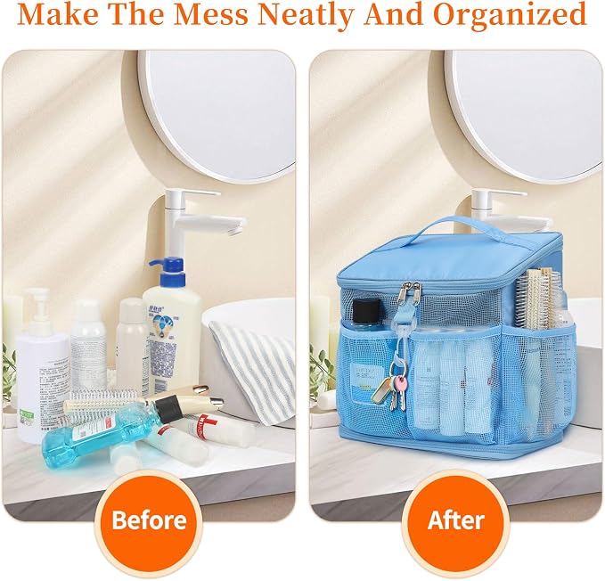 CUBETASTIC Shower Caddy Portable Mesh Shower Tote for Bathroom, Gym, Travel, Camping - Quick Dry Hanging Organizer Toiletry Bag with Handle for College Dorm Room, Men & Women (A# Blue, 9.8") - Image 7