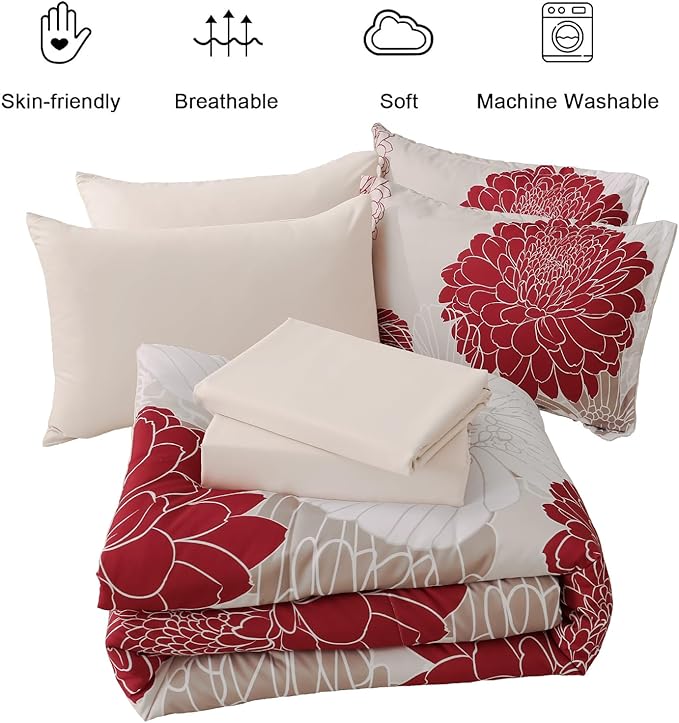 Yiran 7 Pieces King Comforter Set Red Floral Bed in a Bag Soft Microfiber Bedding Set 104"×90"(1 Comforter 1 Flat Sheet 1 Fitted Sheet 2 Pillowshams 2 Pillowcases)