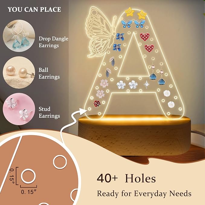 COSHAYSOO Earring Holder Organizer Teenage Girl Birthday Gifts Easter Basket Stuffers Gift Ideas for Teen Girls, LED Night Night Butterfly Decor Jewelry Stand Letter L - Image 4