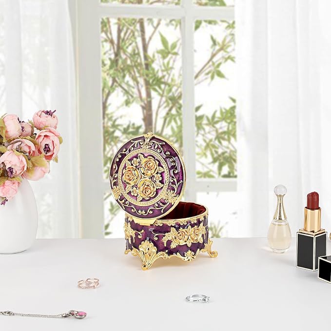 Hipiwe Vintage Jewelry Box Small Trinket Storage Organizer Box Gold Metal Chest Ring Case Treasure Chest Round Keepsake Boxes for Earrings Necklace Gift for Women,Purple - Image 5