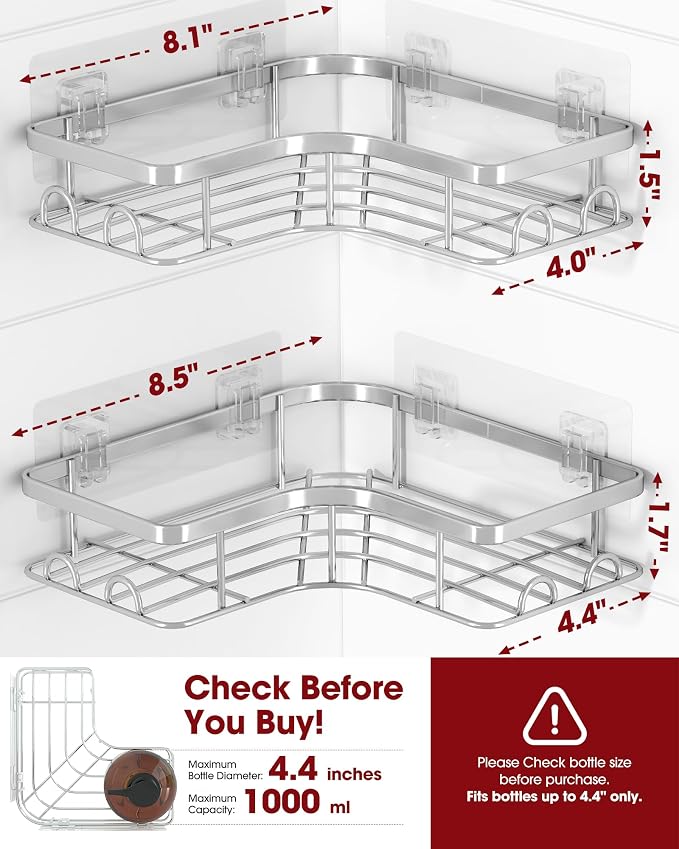 Sakugi Corner Shower Caddy - 2 Pack, Adhesive Shower Organizers, Rustproof Stainless Steel Shower Shelves with 8 Hooks, No Drilling Bathroom Organizers and Storage Racks, Space-Saving, Silver, Medium - Image 2