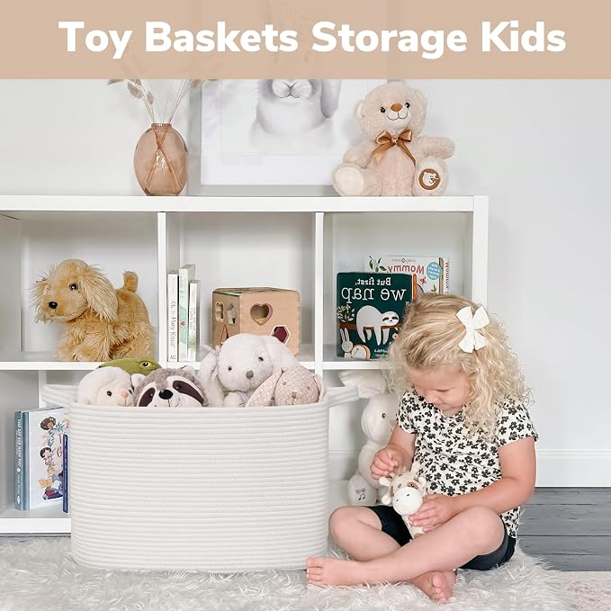 Goodpick Large Woven Basket 18" x 14" x 12" Cotton Rope Storage Baskets for Organizing, Rectangle Blanket Basket for Living Room Bedroom, Toy Baskets Storage Kids, White - Image 4