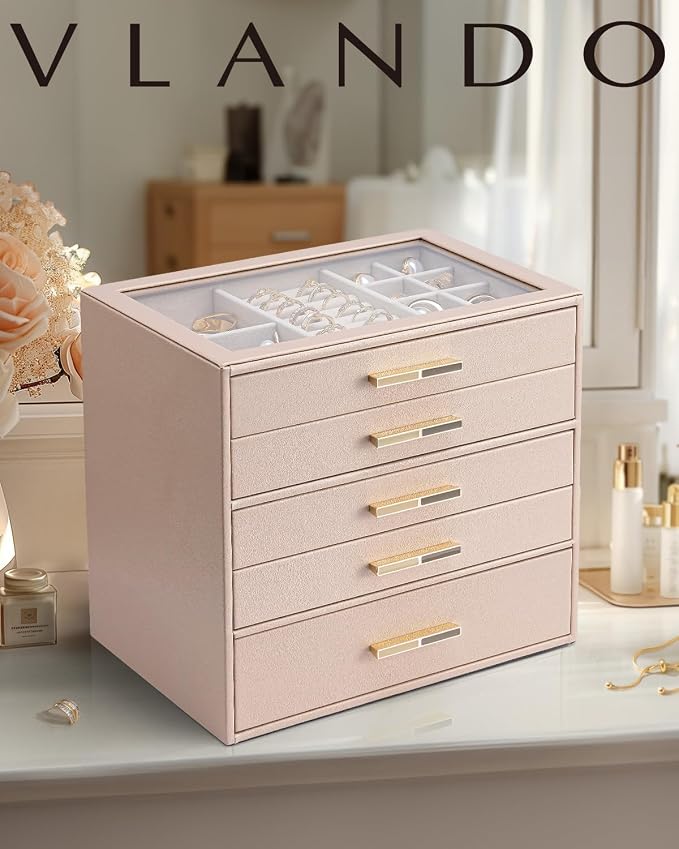 VLANDO 5 Layer Jewelry Box for Women, Glass Lid Jewelry Organizer with 5 Drawers for Necklaces Rings Earrings Bracelets - Toffee - Image 2
