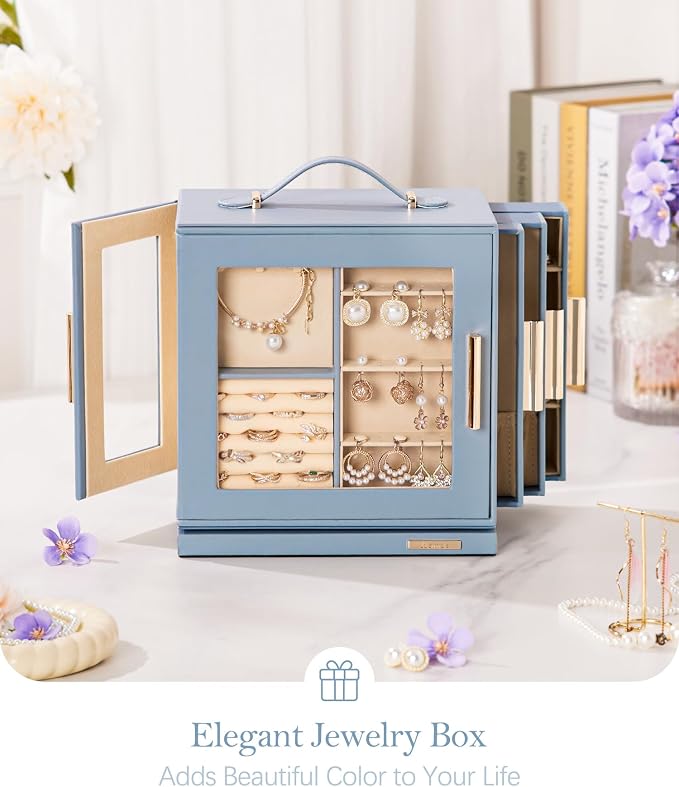 Homde Mothers Day Gifts Jewelry Box 360° Rotating, Necklace Earring Organizer with Transparent Window, Mirror, 7 Drawers, Large Ring Display Storage Case for Girls Women (Grey Blue) - Image 9