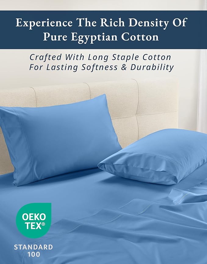 LANE LINEN 100% Egyptian Cotton Bed Sheets Queen Size, Long Staple Soft & Comfy Sateen Weave No Pill Fade Resistant Machine wash 15" Deep Pocket Queen Sheets - Blue Jasper